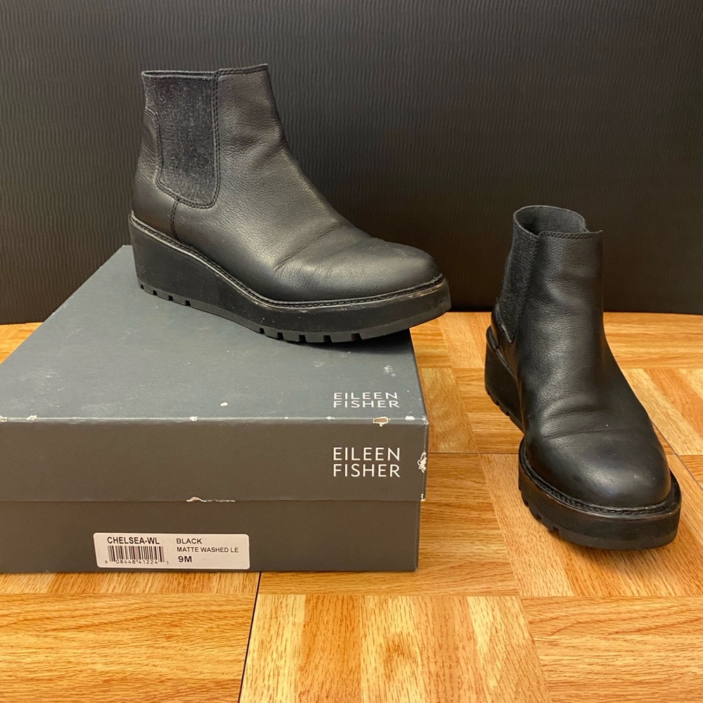 Eileen Fisher Black Chelsea Wedge Booties, Sz 9M